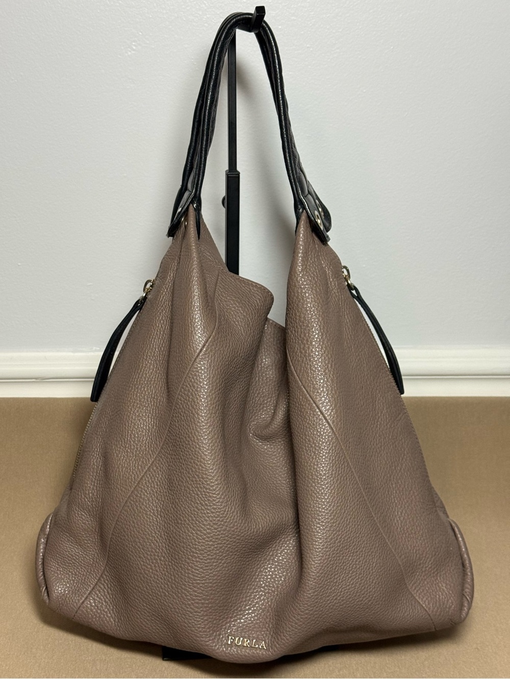 Furla Taupe Grey Pebbled Leather Hobo Shoulder Bag | Side Zip Expansion Panels - Picture 3 of 14